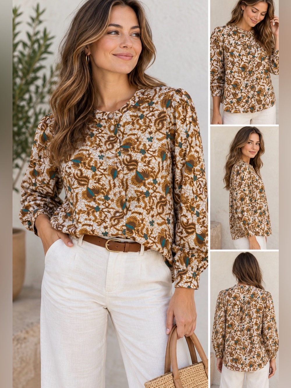 Charina Sarte Paris M Cotton Batik Floral Button Down Blouse Boho Resort